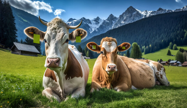 Cows grazing in meadow. Idealistic landscape of lying cows in green meadow against mountains. Generative AI.