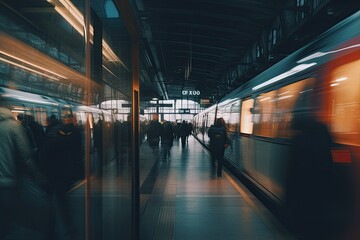 Fototapeta premium Crowd of all kind of people walking in train station fast moving with blurry trains on the right and blurry glas front on the left at night with neon lights - Generative AI