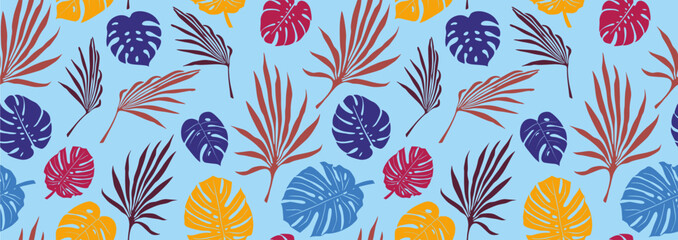 Tropical flowers, palm leaves, jungle, hibiscus. Vector exotic floral illustration. Hawaiian bouquet. Set of abstract tropical leaves. Monstera on blue background. Seamless tropical background