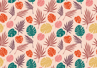 Tropical flowers, palm leaves, jungle, hibiscus. Vector exotic floral illustration. Hawaiian bouquet. Set of abstract tropical leaves. Monstera on pink background. Seamless tropical background