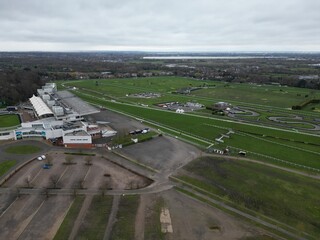 Sandown Park Racecourse Esher Surrey UK drone aerial view ..