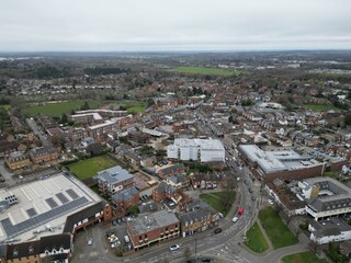Fototapeta premium Weybridge town centre shops and housing Surrey UK Drone, Aerial,