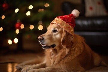 Festive Dog Sitting by Christmas Tree