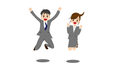 ジャンプするスーツの男女　ガッツポーズ　主線なし1