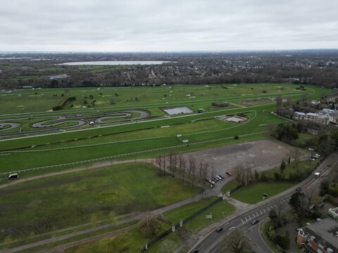 Sandown Park Racecourse Esher Surrey UK drone aerial view .Sandown Park Racecourse Esher Surrey UK high angle  drone aerial view