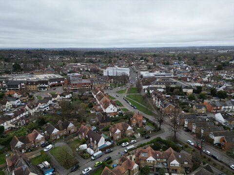Weybridge Surrey UK Drone, Aerial, view from air, birds eye view, houses and roads.