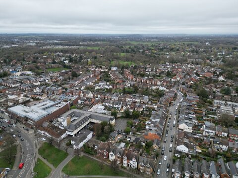 Weybridge town centre Surrey UK Drone, Aerial, high angle view