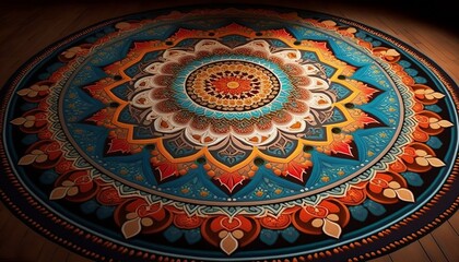 a beautiful colorful rug with a mandala pattern