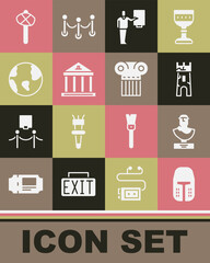 Set Medieval iron helmet, Ancient bust sculpture, Castle tower, Museum guide, building, Earth globe, Stone age hammer and column icon. Vector