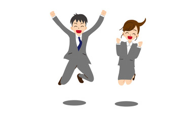 ジャンプするスーツの男女　ガッツポーズ　主線なし2