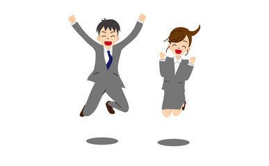 ジャンプするスーツの男女　ガッツポーズ　主線なし2