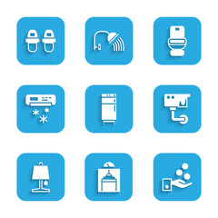 Set Refrigerator, Lift, Paying tips, Security camera, Table lamp, Air conditioner, Toilet bowl and Hotel slippers icon. Vector