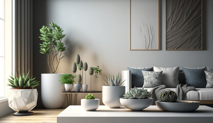 Stylish apartment with plants in Scandinavian style. Light luxury living room. Generative AI.