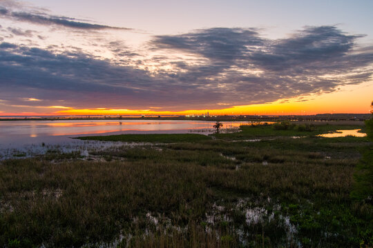 Mobile Bay and interstate 10 bridge at sunset in March