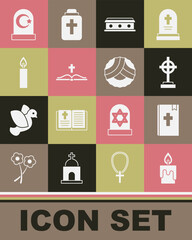 Fototapeta premium Set Burning candle, Holy bible book, Grave with cross, Coffin, Muslim cemetery and Memorial wreath icon. Vector