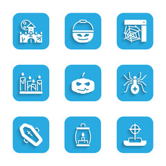 Set Pumpkin, Camping lantern, Tombstone with cross, Spider, Coffin, Burning candle, web and Castle, fortress icon. Vector