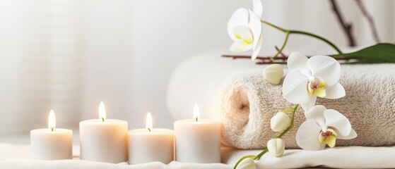 Obraz na płótnie Canvas spa composition on massage with Soft White Towels, Essential Oils, stones, flowers, Candles, and Relaxation ,digital ai art 
