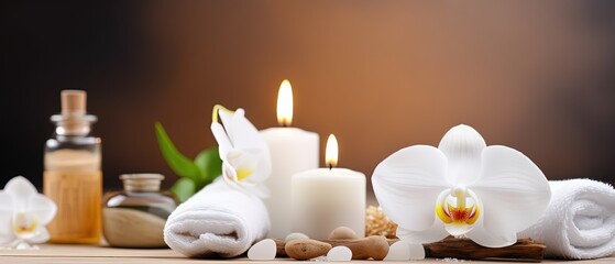 Fototapeta na wymiar spa composition on massage with Soft White Towels, Essential Oils, stones, flowers, Candles, and Relaxation ,digital ai art 
