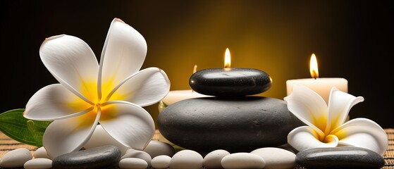 spa composition on massage with Soft White Towels, Essential Oils, stones, flowers, Candles, and Relaxation ,digital ai art	
