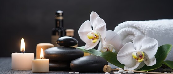 Obraz na płótnie Canvas spa composition on massage with Soft White Towels, Essential Oils, stones, flowers, Candles, and Relaxation ,digital ai art 
