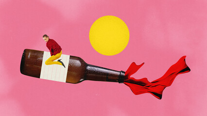 Art collage with one young woman wearing crazy clothes flying on bottle surrounded moon and pink...