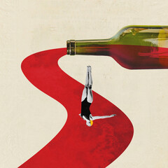 Art collage with one young woman, girl jumping down from wine bottle over beige background....