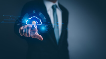Businessman finger Touch virtual cloud icon on screen, concept big data storage or management, digital network connectivity, cloud computing platform technology, computing resources for backup data
