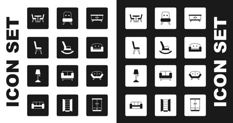 Set Furniture nightstand, Rocking chair, Chair, Table with, Armchair, Sofa and Floor lamp icon. Vector