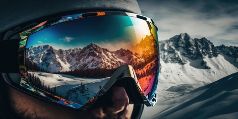 Close up of the ski goggles of a man with the reflection of snowed mountains. A mountain range reflected in the ski mask. Portrait of man at the ski resort on the background by ai generative - obrazy, fototapety, plakaty