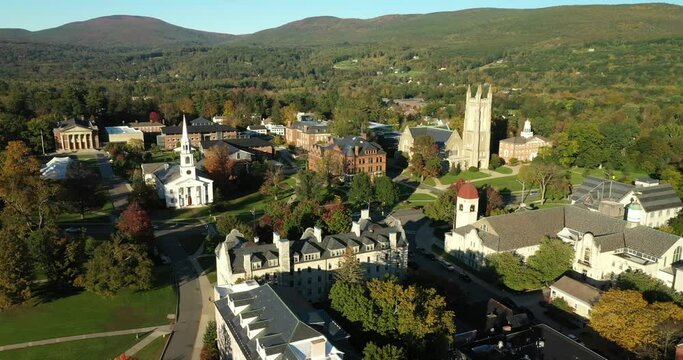 Aerial view of the Thompson Memorial Chapel on the campus of Williams College in Williamstown, MA.