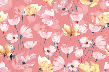 Seamless pattern poppies and abstract background with watercolor.Designed for fabric and wallpaper.