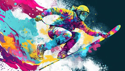 Man skiing winter extreme sport colorful by ai generative