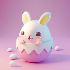 Tiny white adorable rabbit hidding in a easter egg, pastel colors, 3d icon matte clay render, kawaii, generative, AI