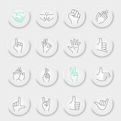 Hand Gestures line icon set, gesture collection, vector graphics, neumorphic UI UX buttons, hand gestures vector icons, hand signs, outline pictograms, editable stroke