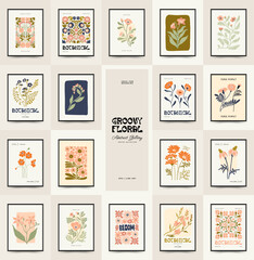 Abstract floral posters template. Modern trendy Matisse minimal style. Groovy. Hand drawn design for wallpaper, wall decor, print, postcard, cover, template, banner. 