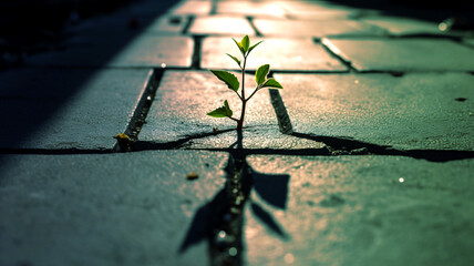 plant grows on crack in the street. Plant, Growth, Sustainability, Light, Green, Nature, Life, Organic, Earth, Nourish, Cultivate, Seedling, Cultivation