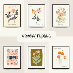 Abstract floral posters template. Modern trendy Matisse minimal style. Groovy. Hand drawn design for wallpaper, wall decor, print, postcard, cover, template, banner. 