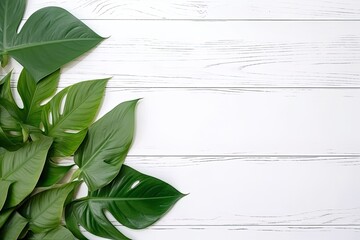Top view of Tropical leaves on white wooden with white tablecloth background - space for product presentation - Generative AI