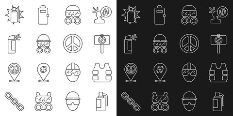 Set line Hand grenade, Bulletproof vest, Protest, Gas mask, Pepper spray, and Peace icon. Vector