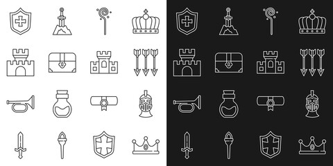 Set line King crown, Medieval iron helmet, Crossed arrows, Magic staff, Antique treasure chest, Castle, fortress, Shield and icon. Vector