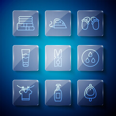 Set line Drying clothes, Bottle of liquid soap, Toilet urinal or pissoir, Flip flops, Clothes pin, Tube toothpaste, Towel stack and Water drop icon. Vector