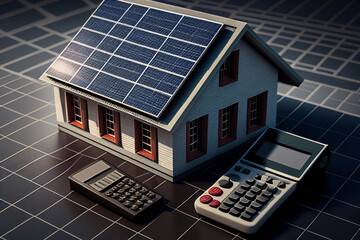 Solar panels in the house with calculator and calculator. 3d illustration generative ai