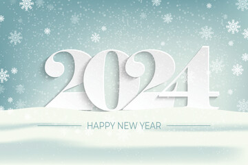 Happy New Year 2024 in the forest in the snow Vector paper art and digital craft style.