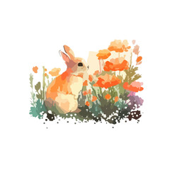 Decorated Eggs And Cute Rabbit In Sunny Spring Meadow T SHIRT PRINT