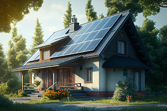 House with solar panels on roof. Alternative energy source. 3d rendering generative ai