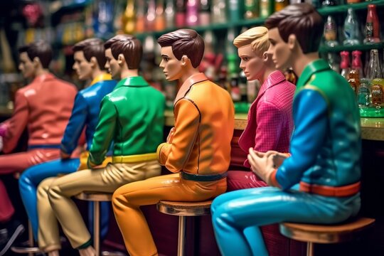Fictional Gay Men - Plastic Dolls, Having fun at a colourful Gay Bar, Generative AI Illustration