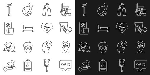 Set line Nursing home, Medicine pill or tablet, Sport expander, Bed, Pills blister pack, Walking stick cane and Heart rate icon. Vector