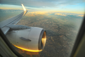 Aerial view of the city through plane window just before landing at Turin Italy