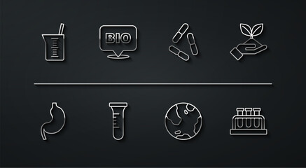 Set line Laboratory glassware or beaker, Human stomach, Plant in hand, Earth globe, Test tube flask, Bio healthy food, and Virus icon. Vector