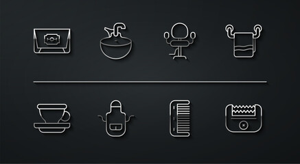 Set line Blade razor, Coffee cup, Towel on hanger, Hairbrush, Barber apron, Washbasin, Electrical hair clipper and Barbershop chair icon. Vector
